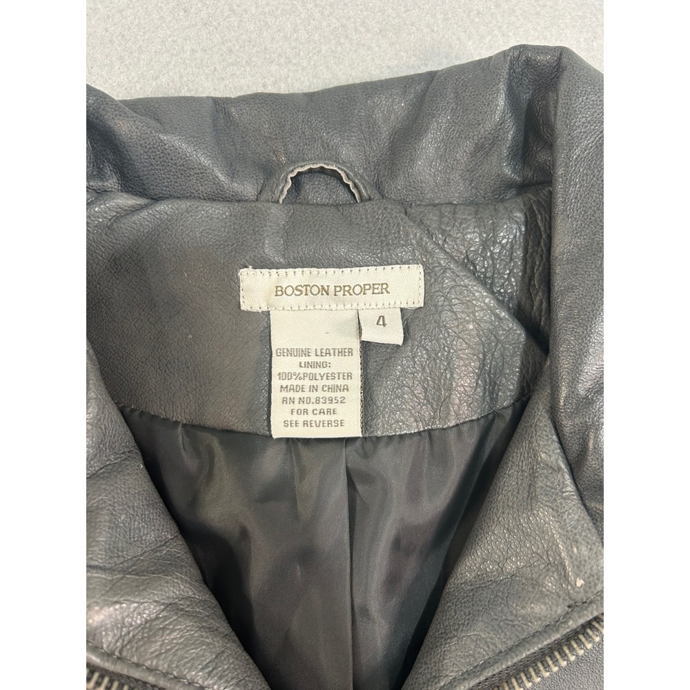 Boston Proper Leather Jacket Womens 4 Gray Utility Moto Multi-Pocket Zip Front - Picture 4 of 10